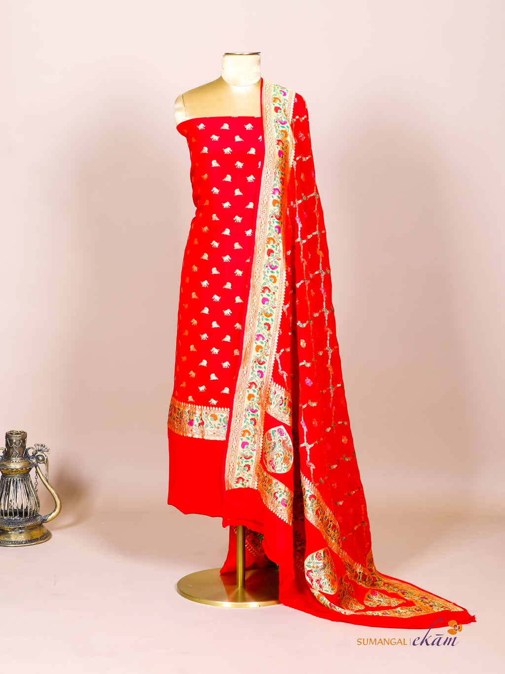 Handwoven Red Banarasi Khaddi Georgette Suit