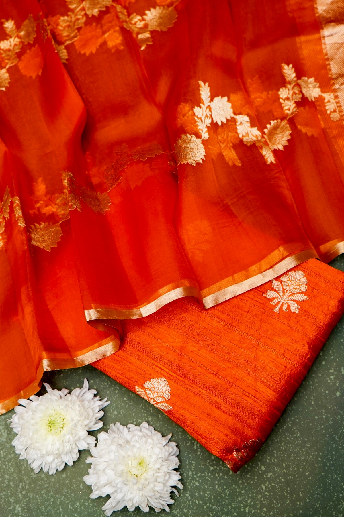 Handwoven Orange Banarasi Tussar Silk Suit