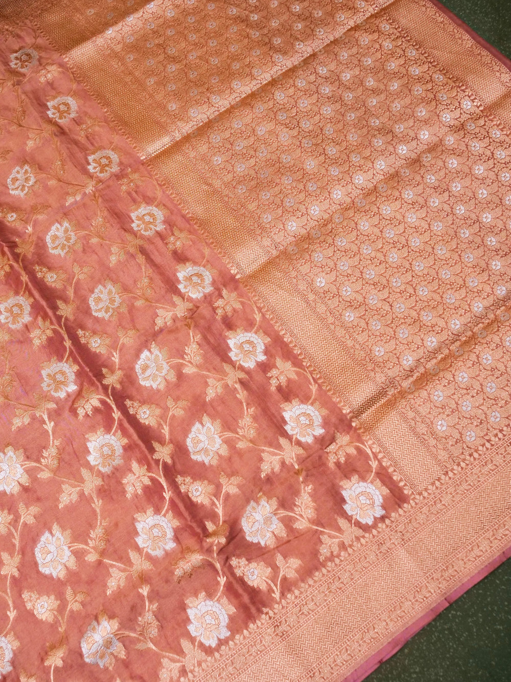 Handwoven Peach Banarasi Tissue Katan Silk Saree