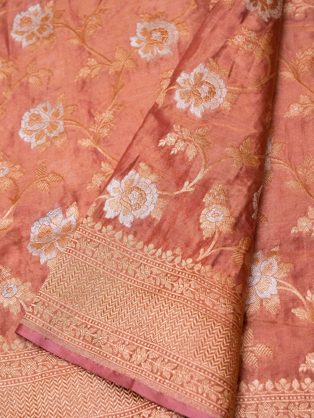 Handwoven Peach Banarasi Tissue Katan Silk Saree