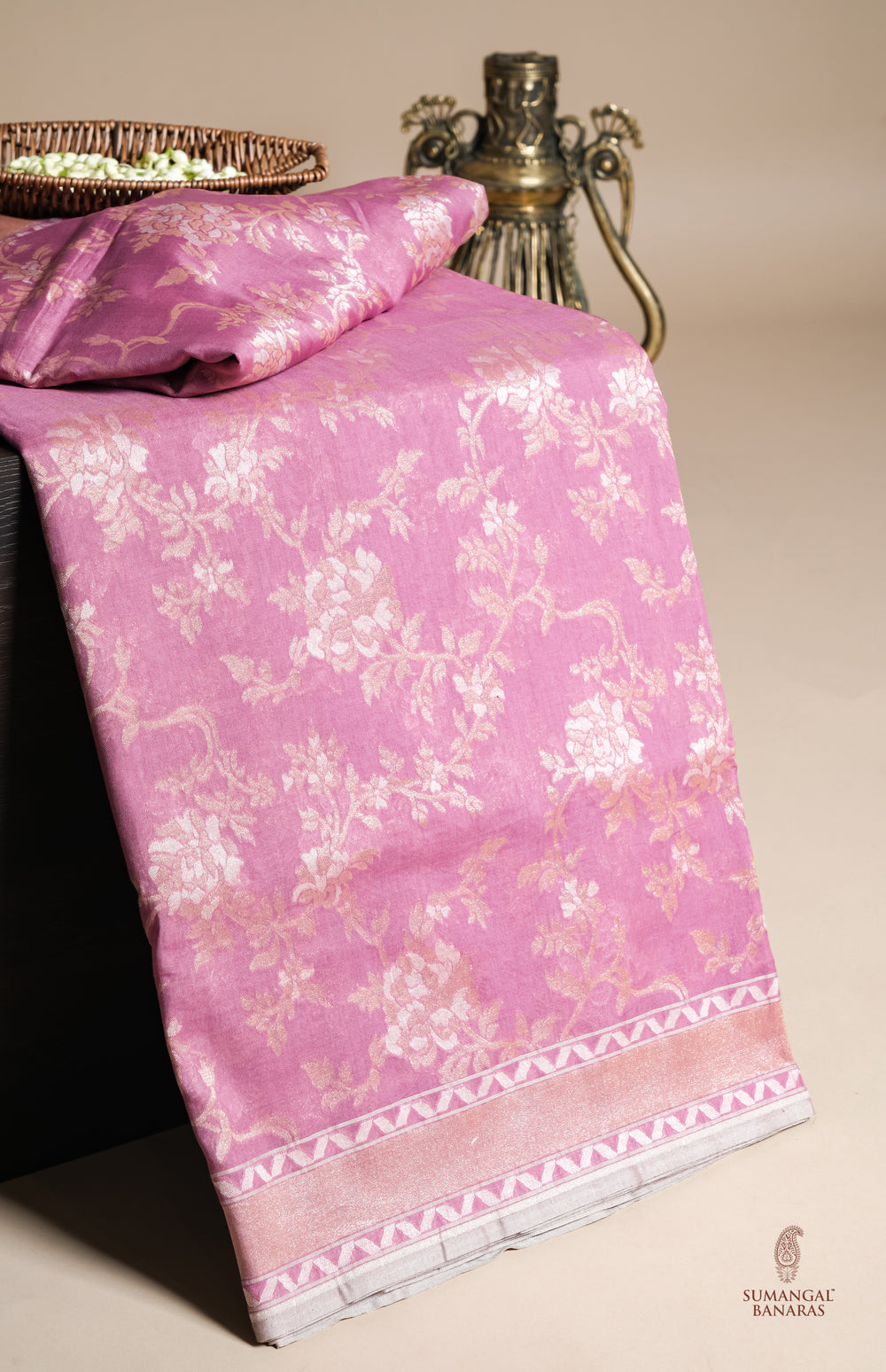 Handwoven Pink Banarasi Kora Cotton Silk Saree