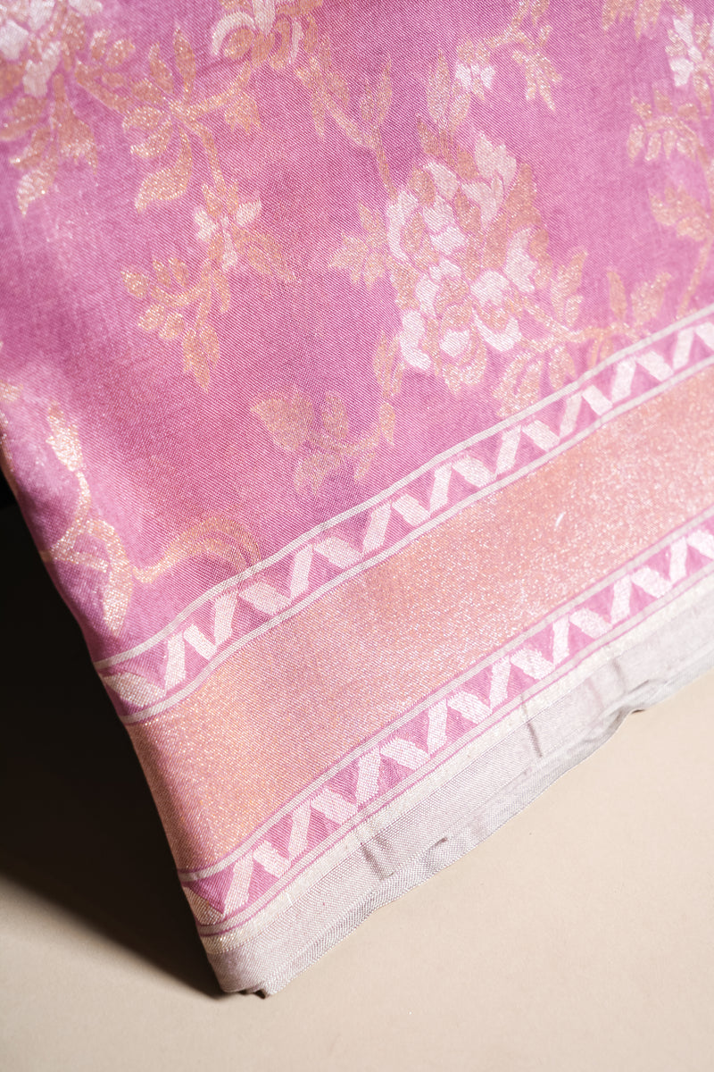 Handwoven Pink Banarasi Kora Cotton Silk Saree