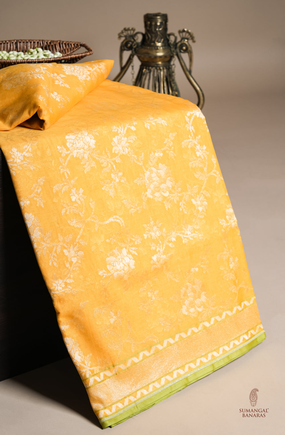 Handwoven Yellow Banarasi Kora Cotton Silk Saree