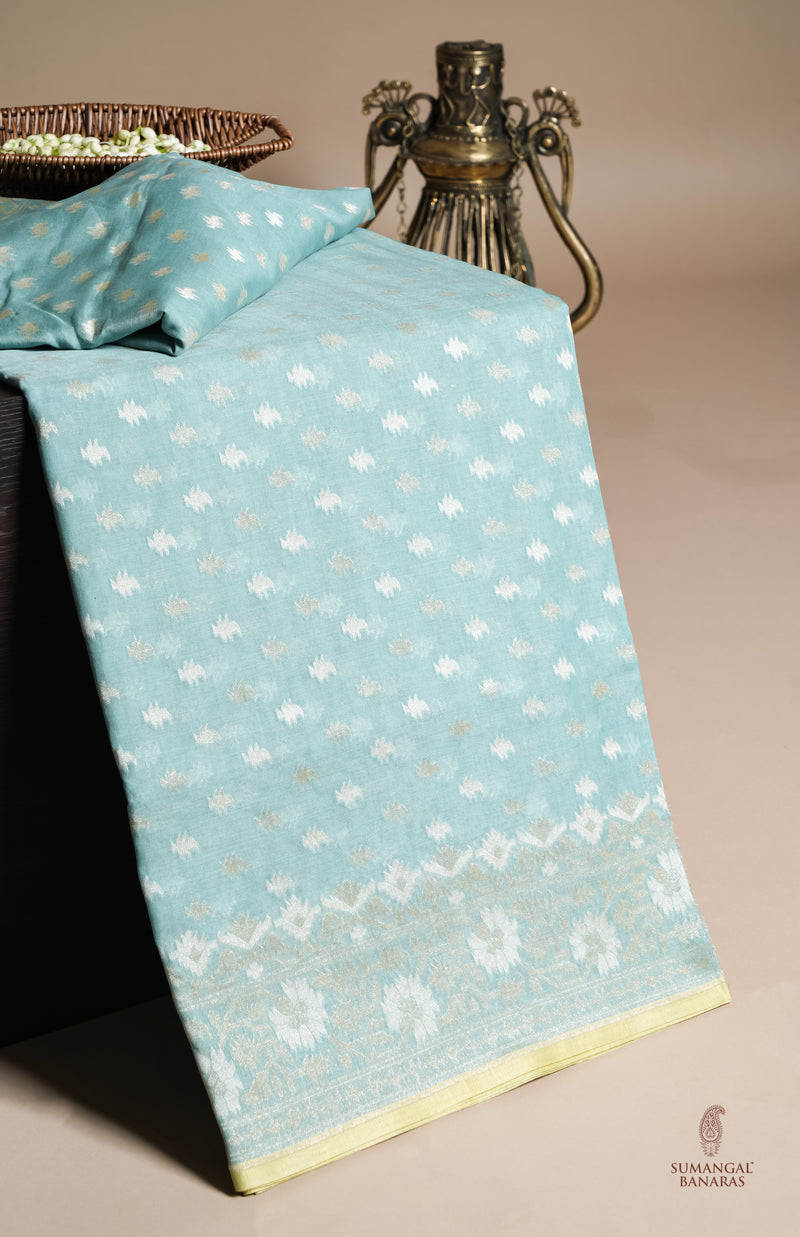 Handwoven Aqua Green Banarasi Kora Cotton Silk Saree