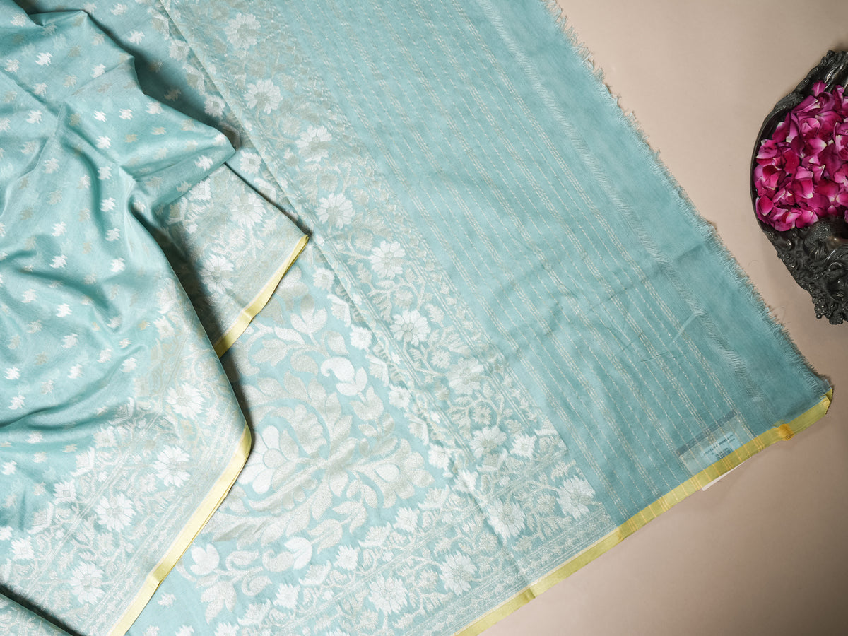 Handwoven Aqua Green Banarasi Kora Cotton Silk Saree