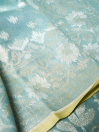 Handwoven Aqua Green Banarasi Kora Cotton Silk Saree