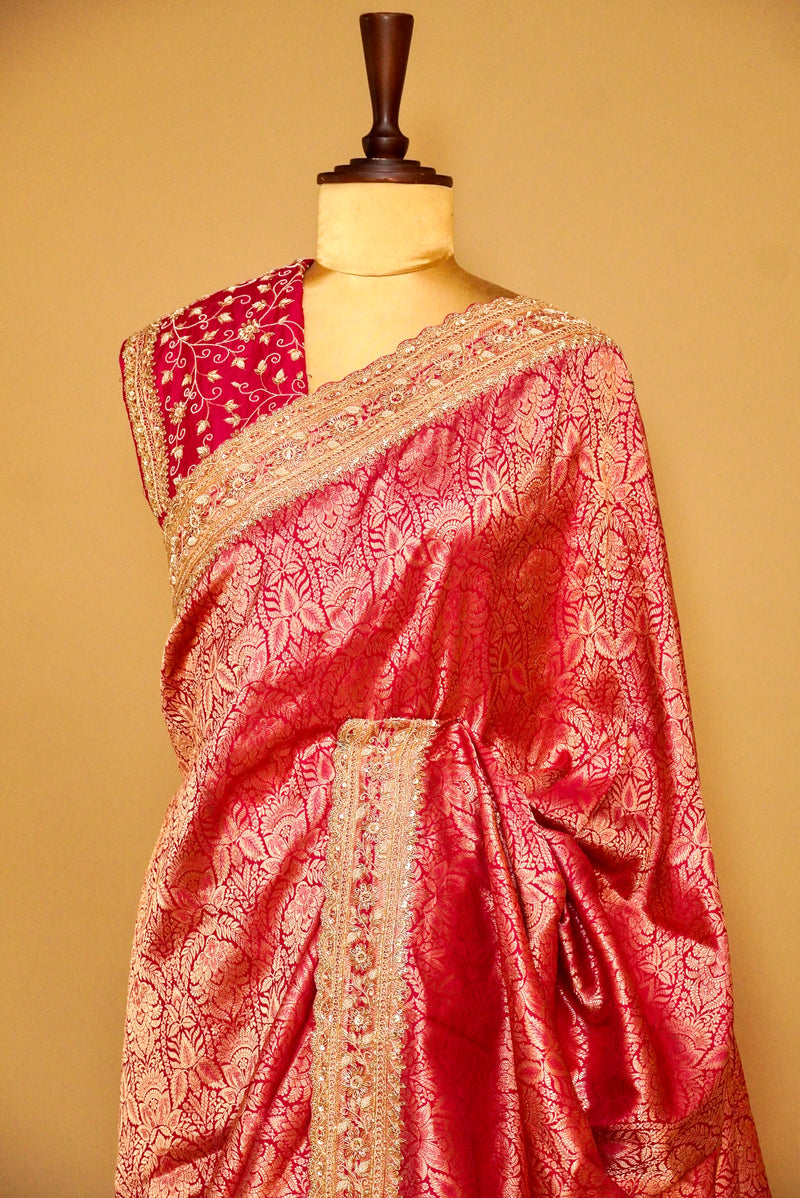 Handwoven Pink Bridal Banarasi Katan Silk Saree