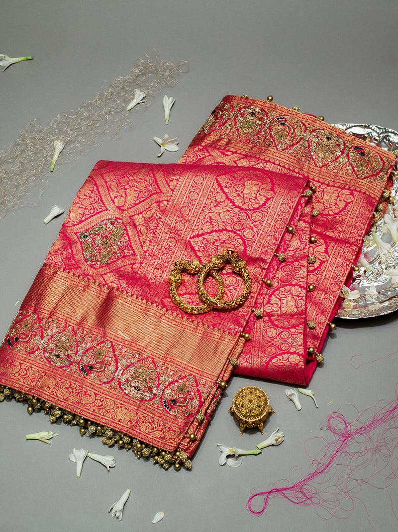 Handwoven Maroon Banarasi Bridal Katan Silk Saree