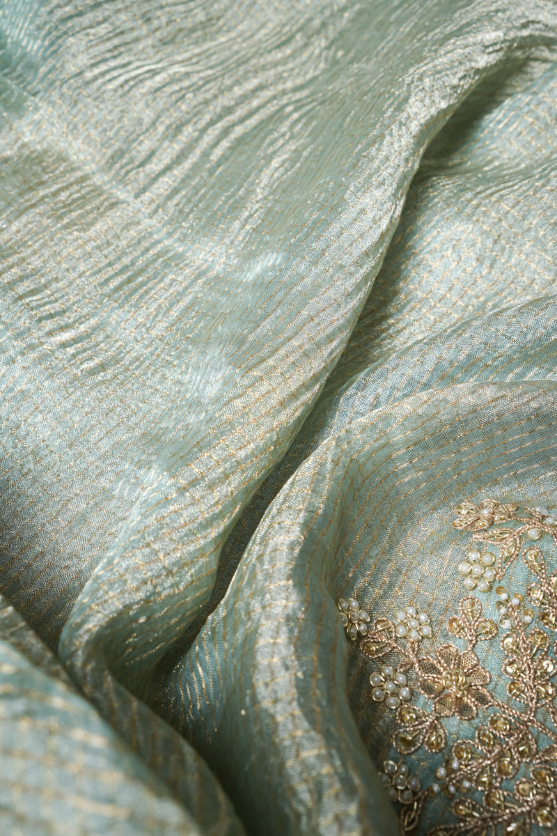 Designer Pastel Green Crush Tissue Silk Saree