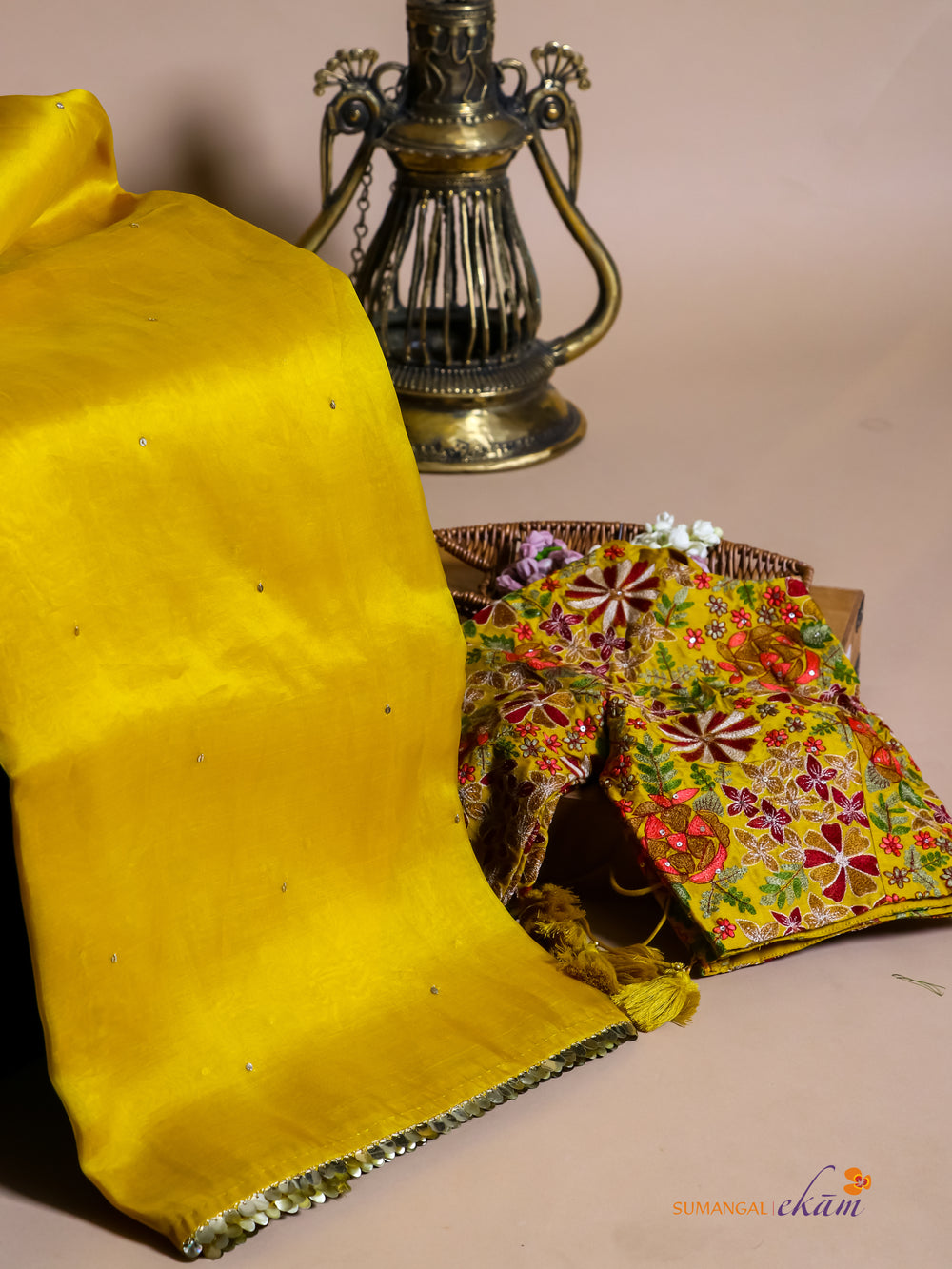 Designer Mustard Yellow Kora Silk Saree