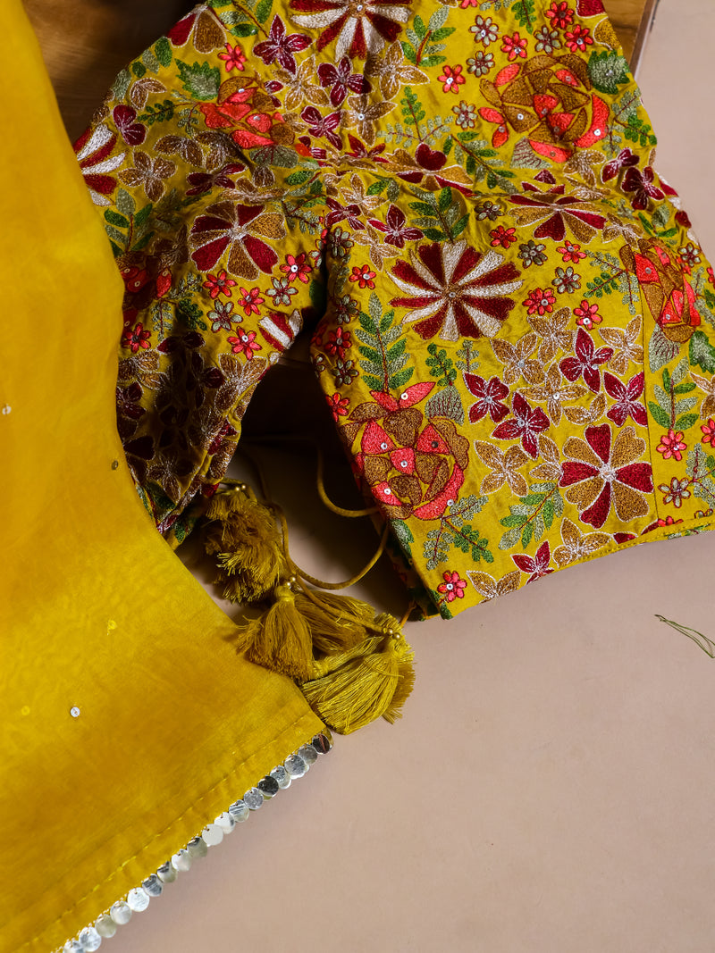 Designer Mustard Yellow Kora Silk Saree