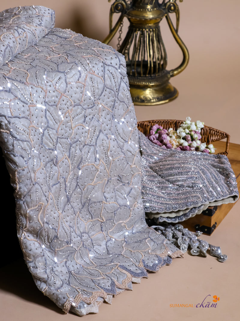 Designer Silver Grey Organza Silk Saree