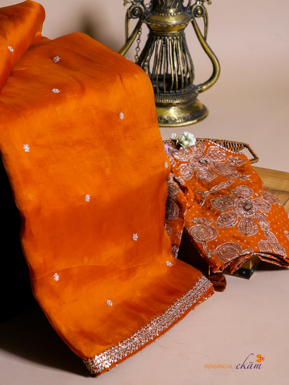 Designer Orange Kora Silk Saree