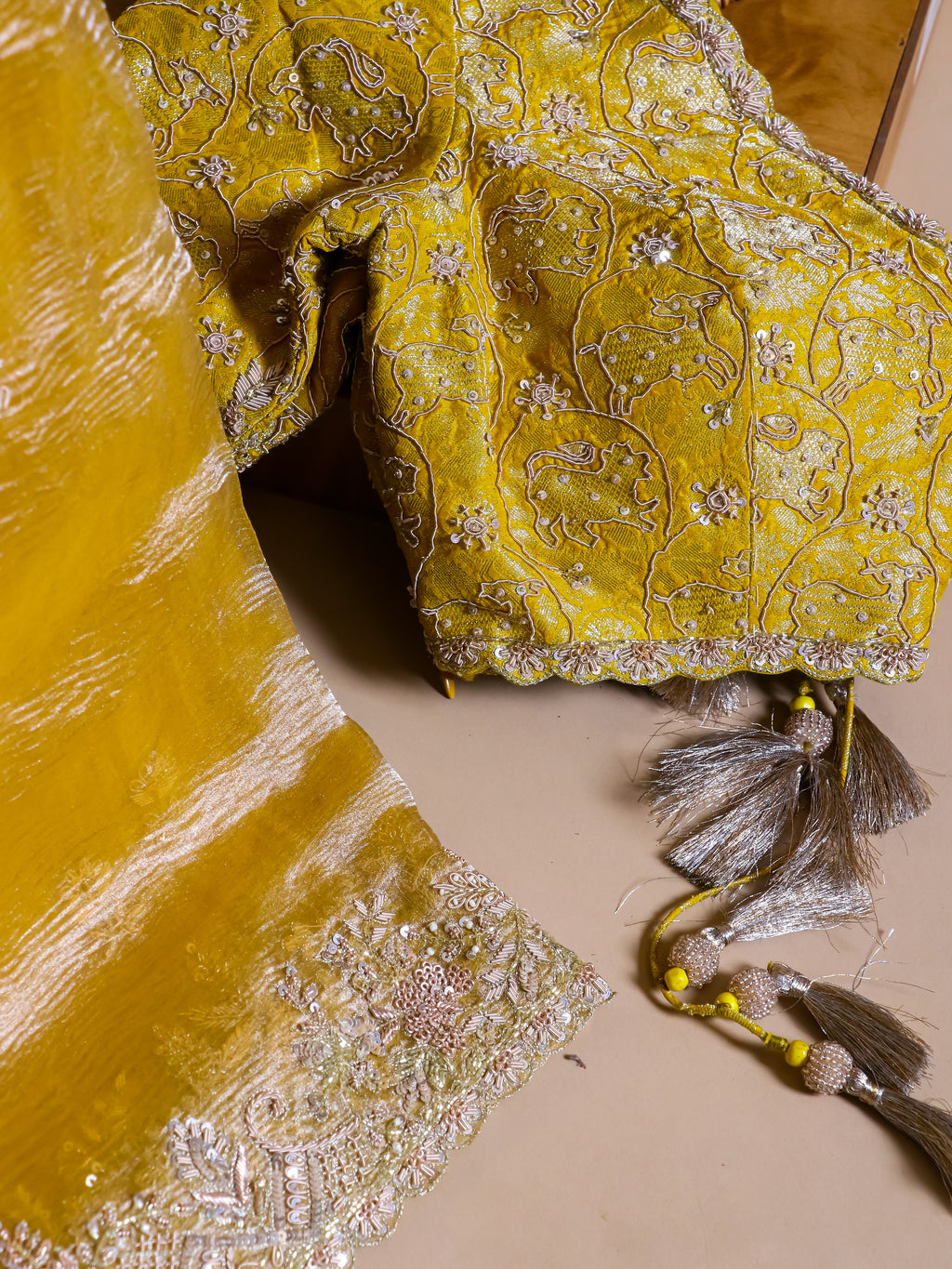 Designer Lemon Yellow Crush Tissue Silk Saree