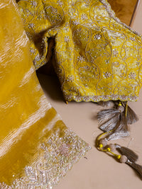 Designer Lemon Yellow Crush Tissue Silk Saree