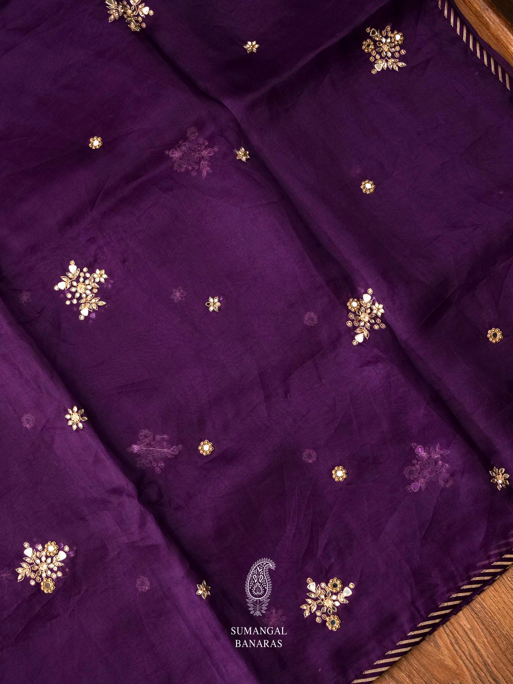 Handwoven Midnight Violet Embroidered Organza Silk Saree