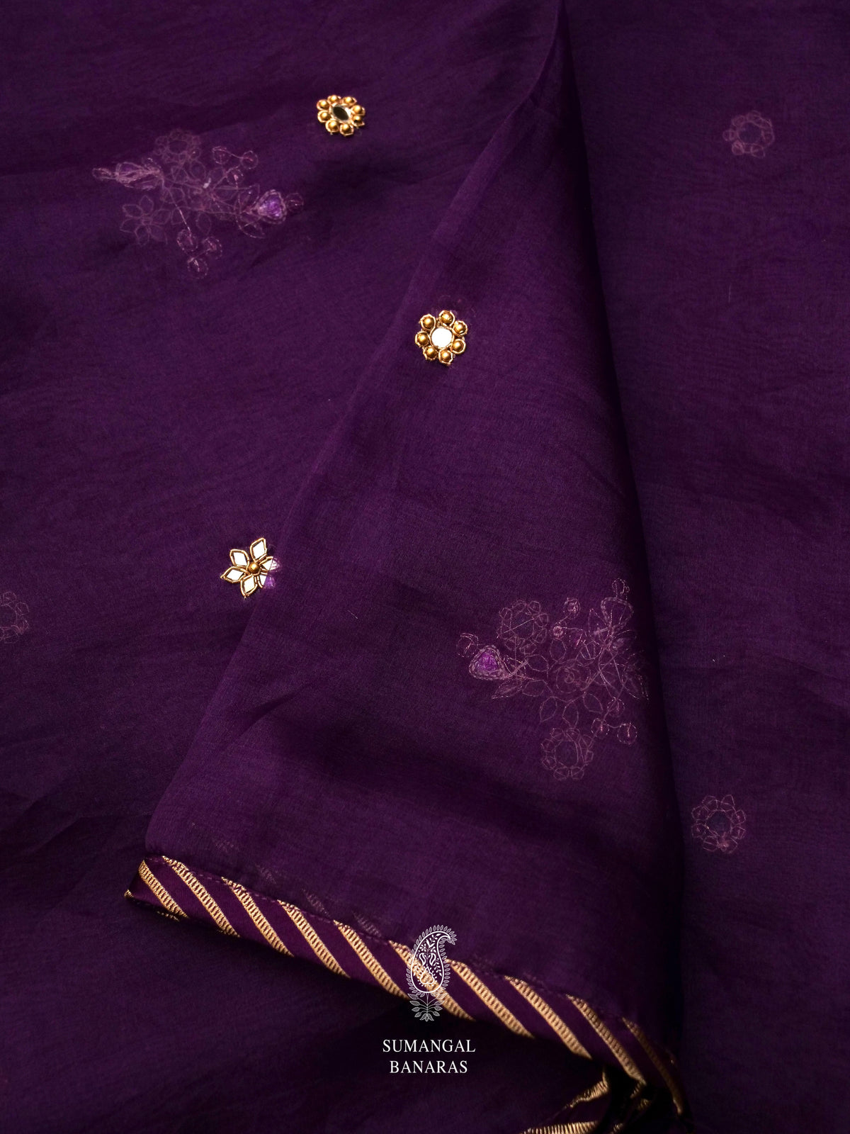 Handwoven Midnight Violet Embroidered Organza Silk Saree