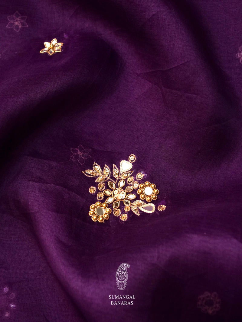 Handwoven Midnight Violet Embroidered Organza Silk Saree