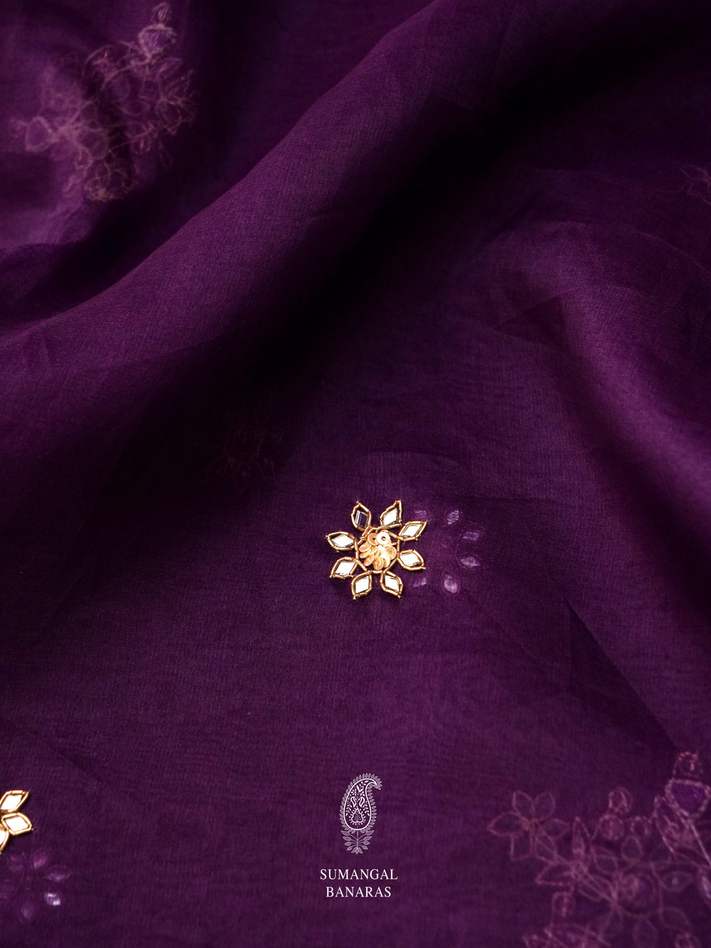Handwoven Midnight Violet Embroidered Organza Silk Saree