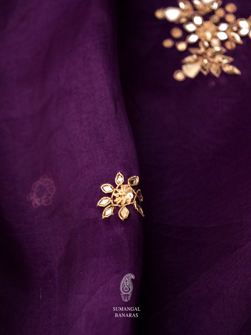 Handwoven Midnight Violet Embroidered Organza Silk Saree