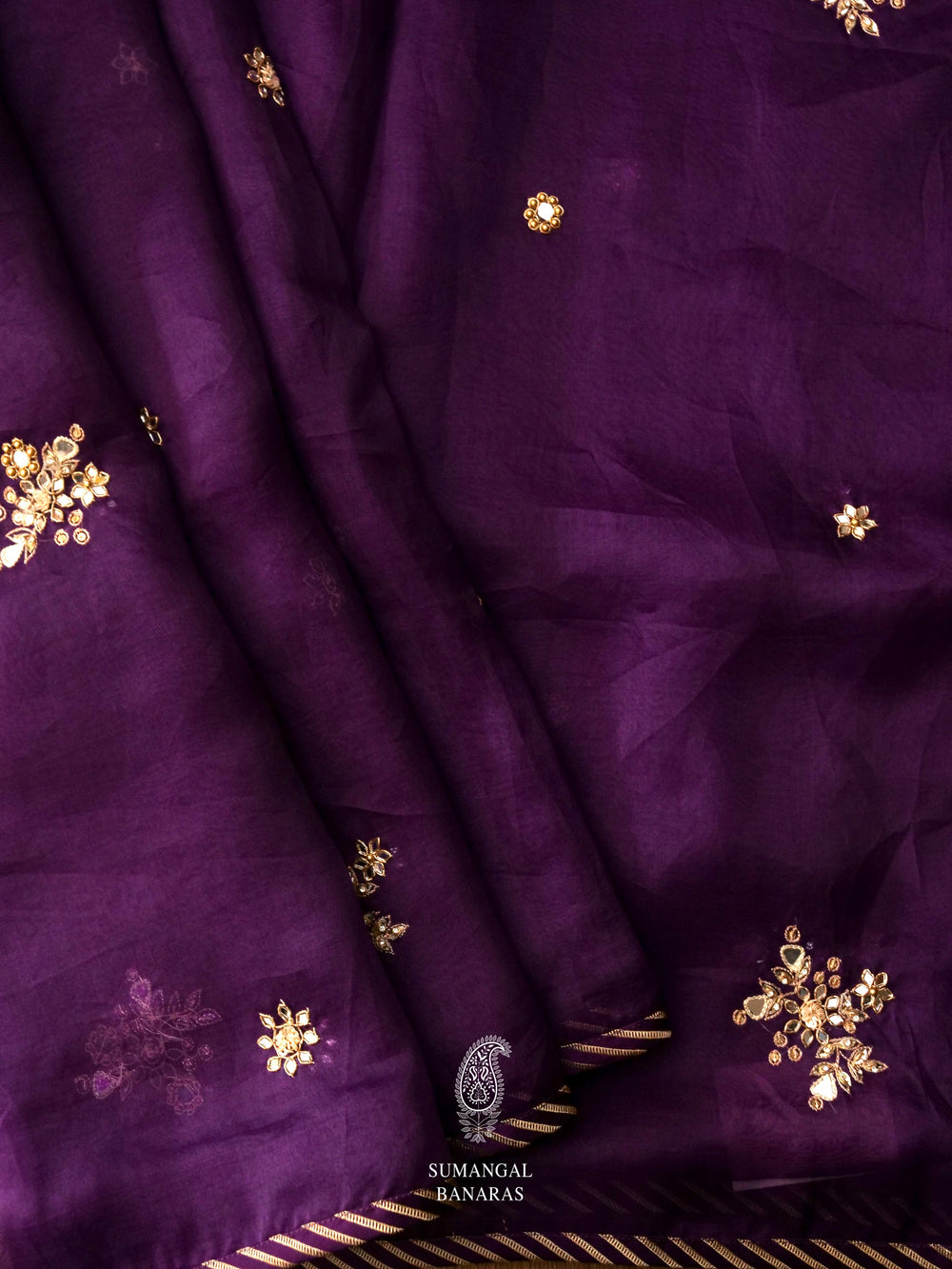 Handwoven Midnight Violet Embroidered Organza Silk Saree