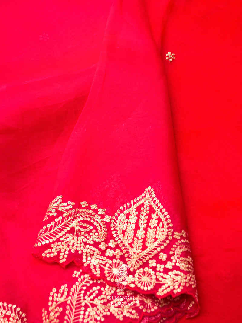 Handwoven Scarlet Red Embroidered Organza Silk Saree