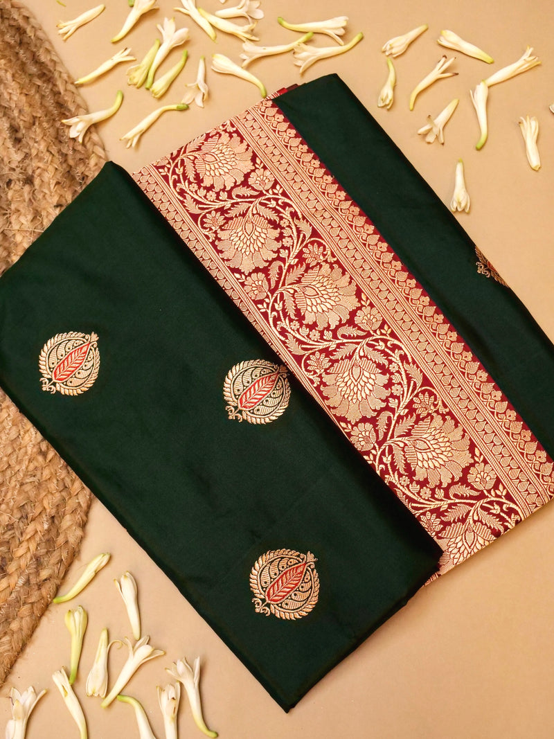 Handwoven Dark Green Banarasi Katan Silk Saree