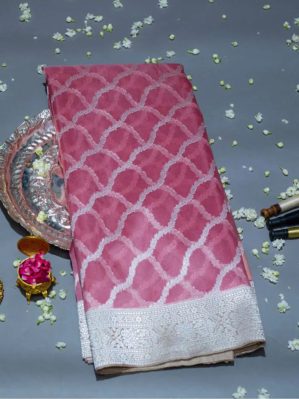 Handwoven Pink Banarasi Georgette Saree
