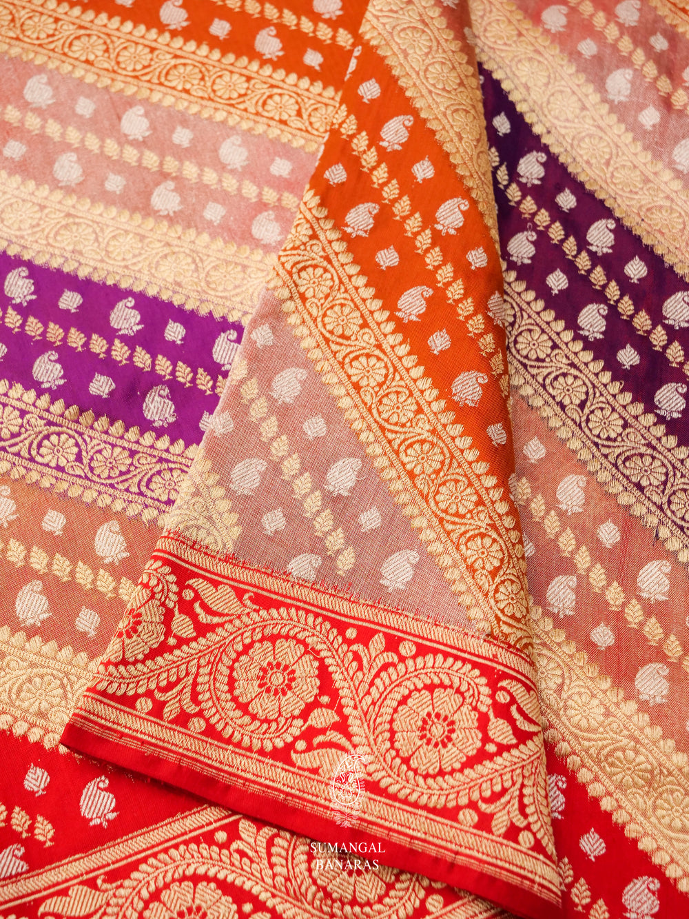Handwoven Organish Red Navratan Woven Iktara Silk Saree