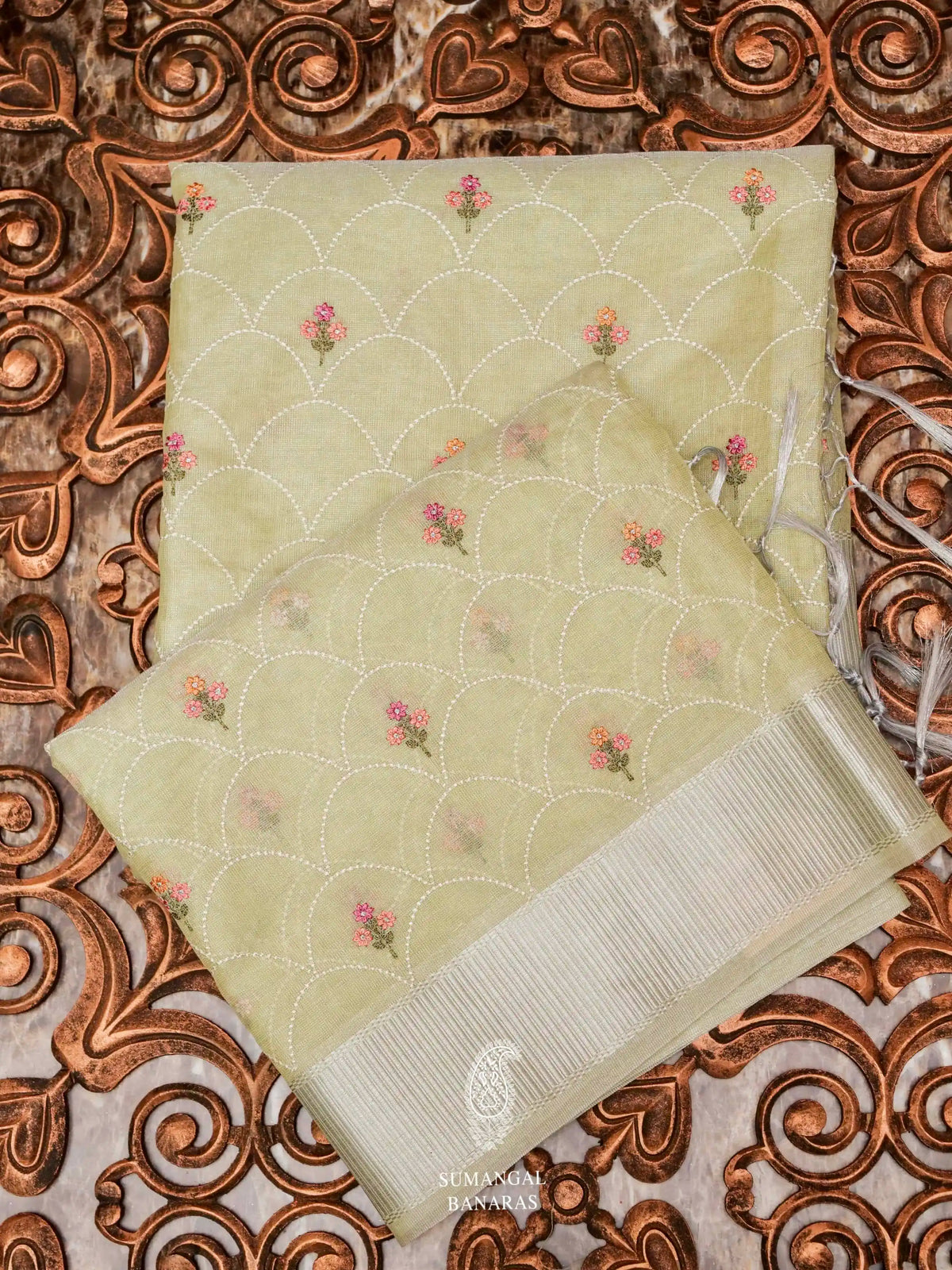 Banarasi Pastel Green Blended Tissue Silk Saree
