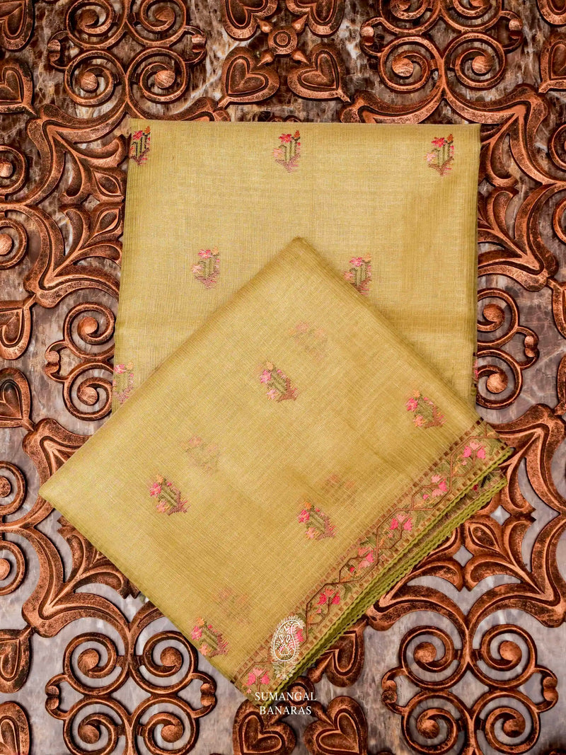 Banarasi Olive Green Blended Tissue Silk Saree