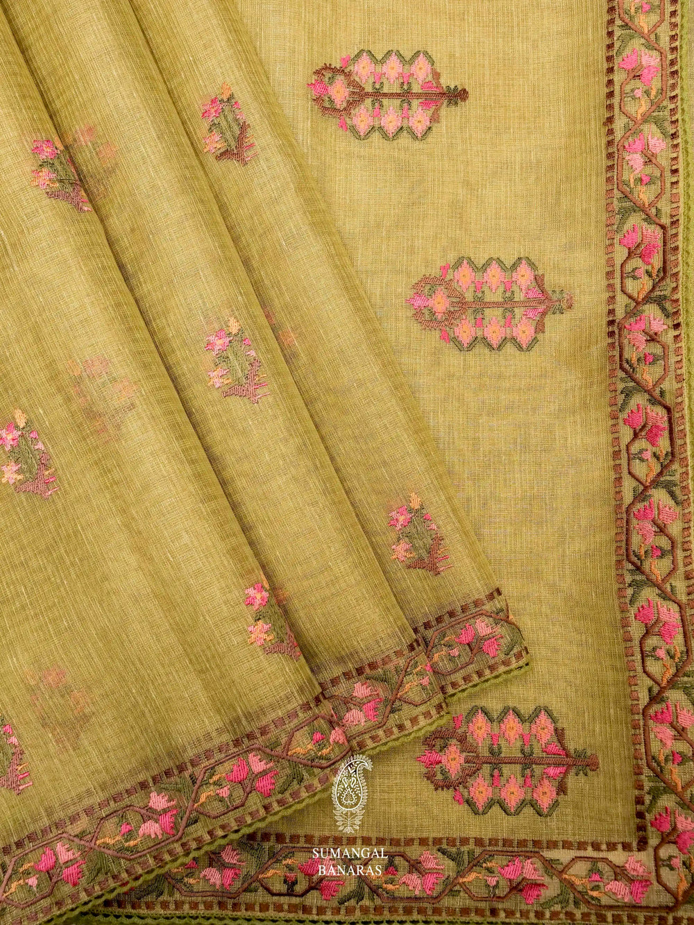 Banarasi Olive Green Blended Tissue Silk Saree