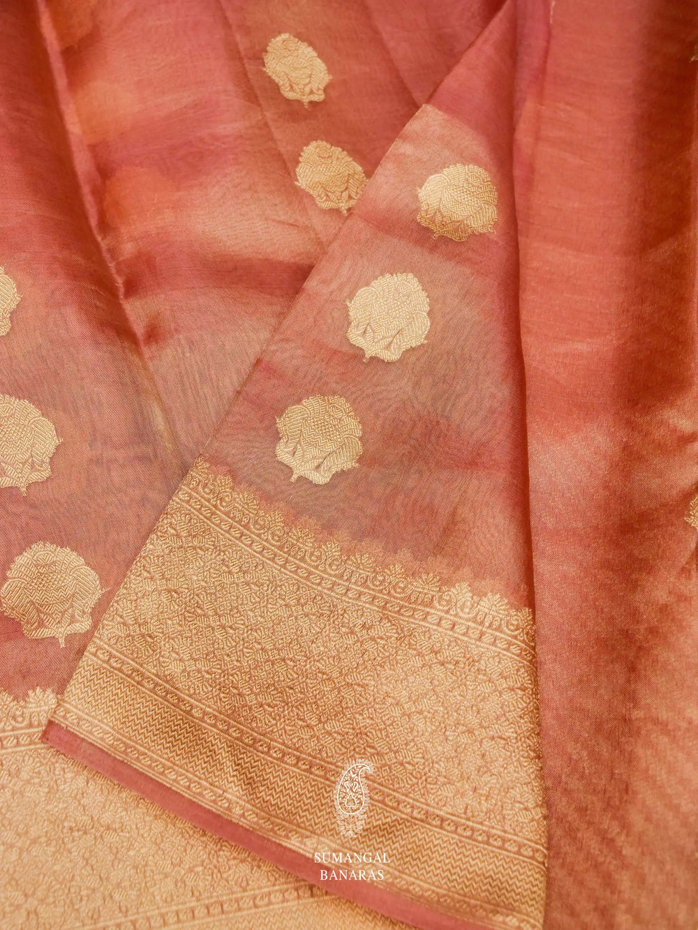 Handwoven Peach Banarasi Kora Silk Saree