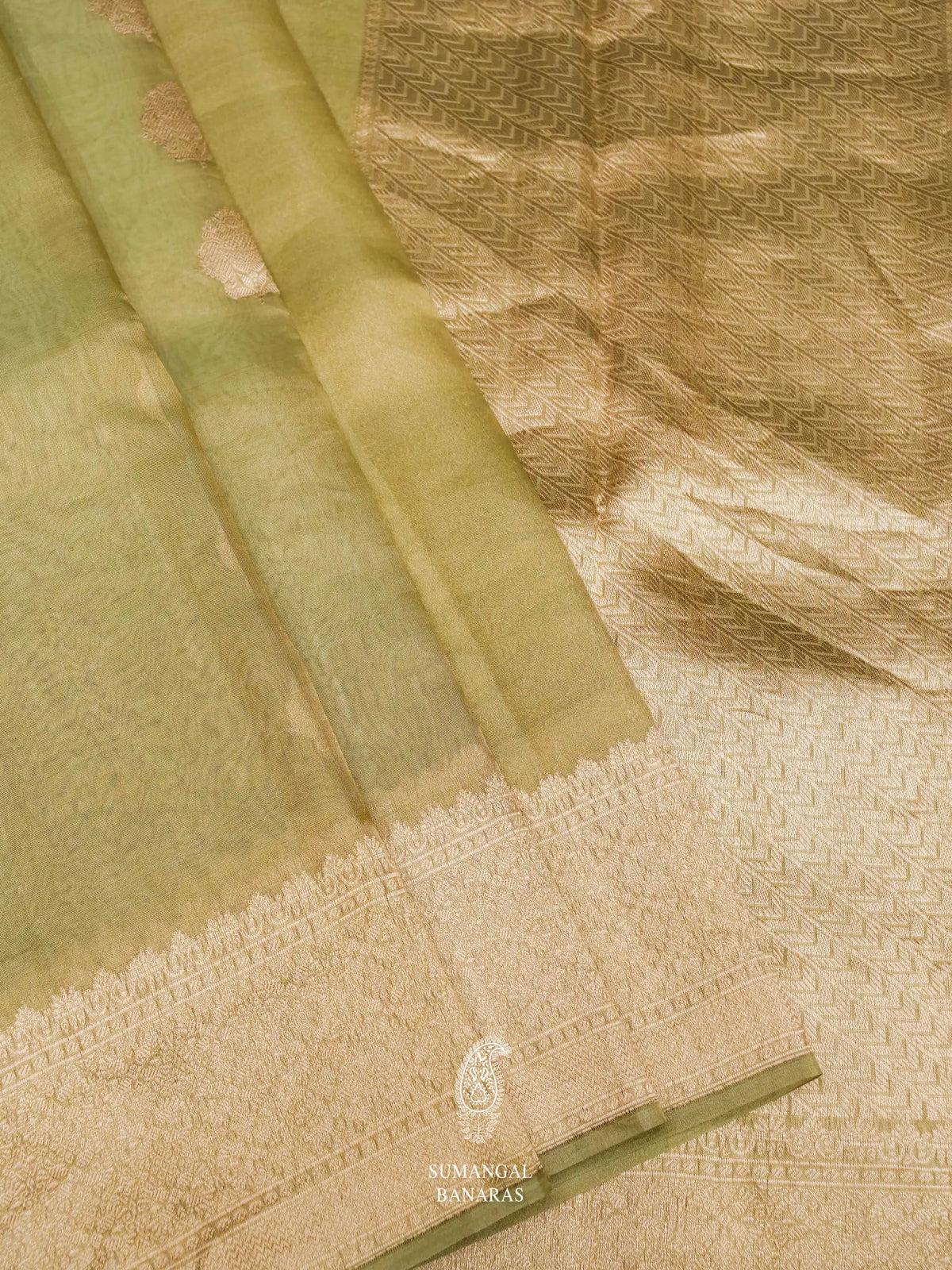 Handwoven Olive Green Banarasi Kora Silk Saree
