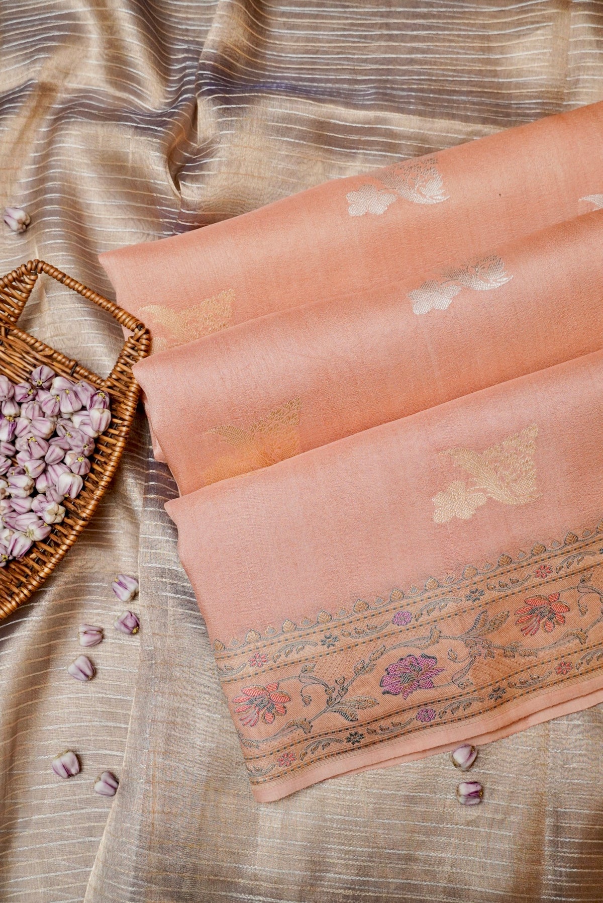 Handwoven Pastel Peach Banarasi Handloom Tussar Silk Saree