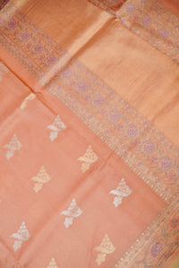 Handwoven Pastel Peach Banarasi Handloom Tussar Silk Saree