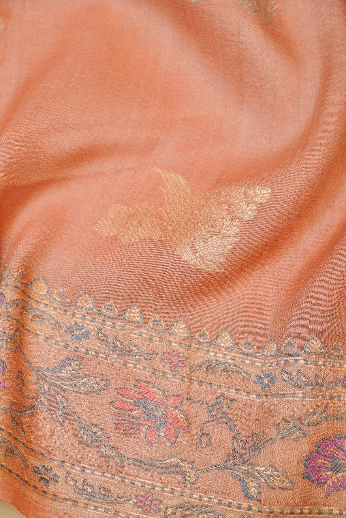 Handwoven Pastel Peach Banarasi Handloom Tussar Silk Saree