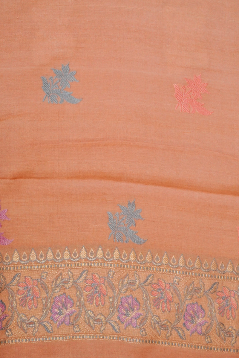 Handwoven Pastel Peach Banarasi Handloom Tussar Silk Saree