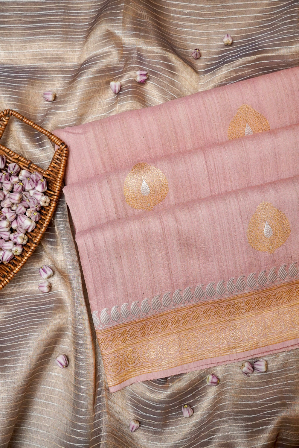 Handwoven Peach Banarasi Handloom Tussar Silk Saree