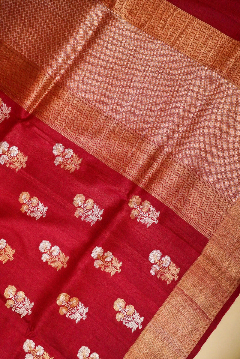 Handwoven Maroon Banarasi Handloom Tussar Silk Saree