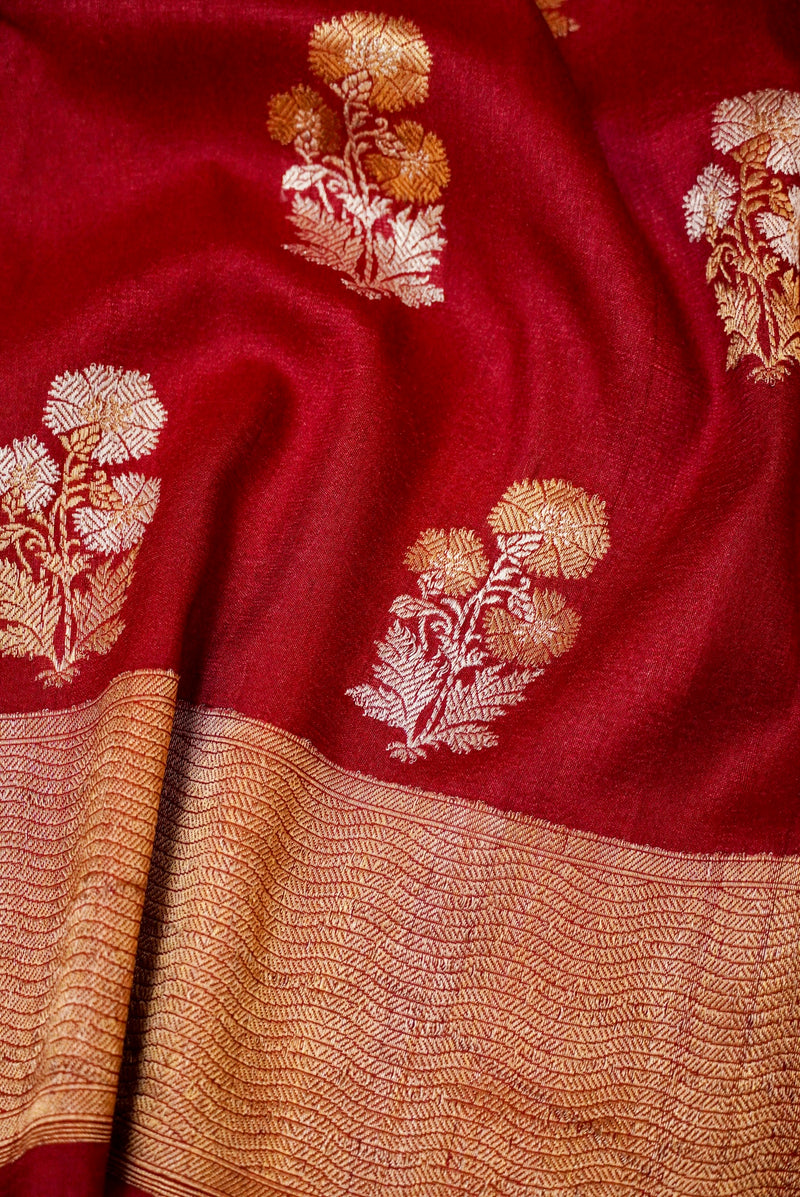 Handwoven Maroon Banarasi Handloom Tussar Silk Saree