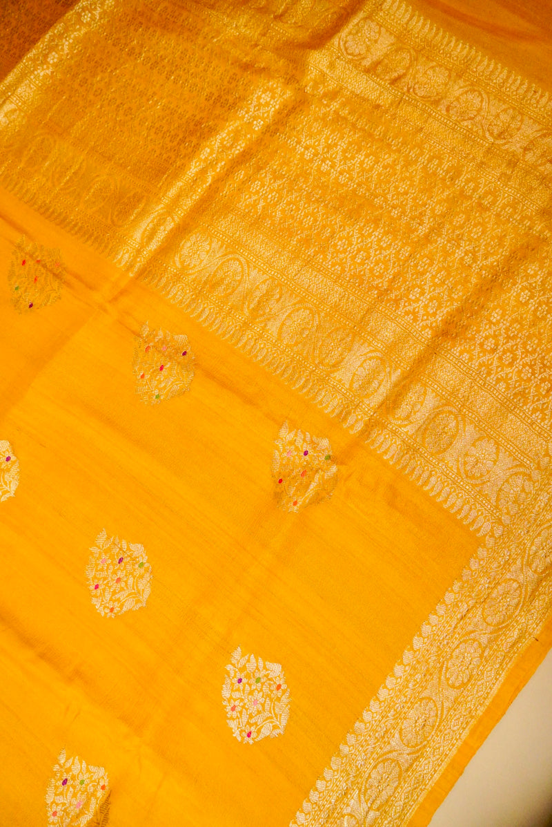 Handwoven Yellow Banarasi Handloom Tussar Silk Saree