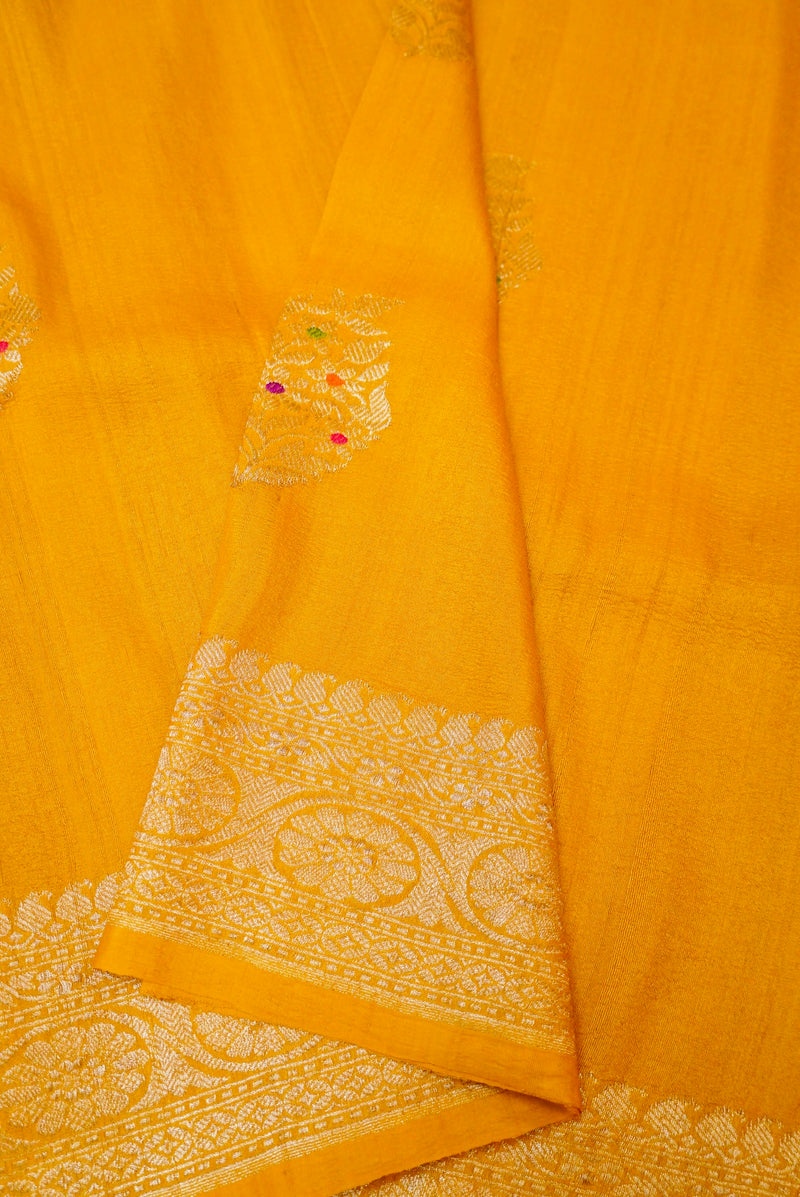 Handwoven Yellow Banarasi Handloom Tussar Silk Saree