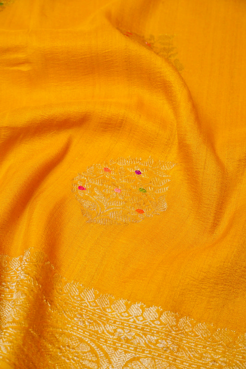 Handwoven Yellow Banarasi Handloom Tussar Silk Saree