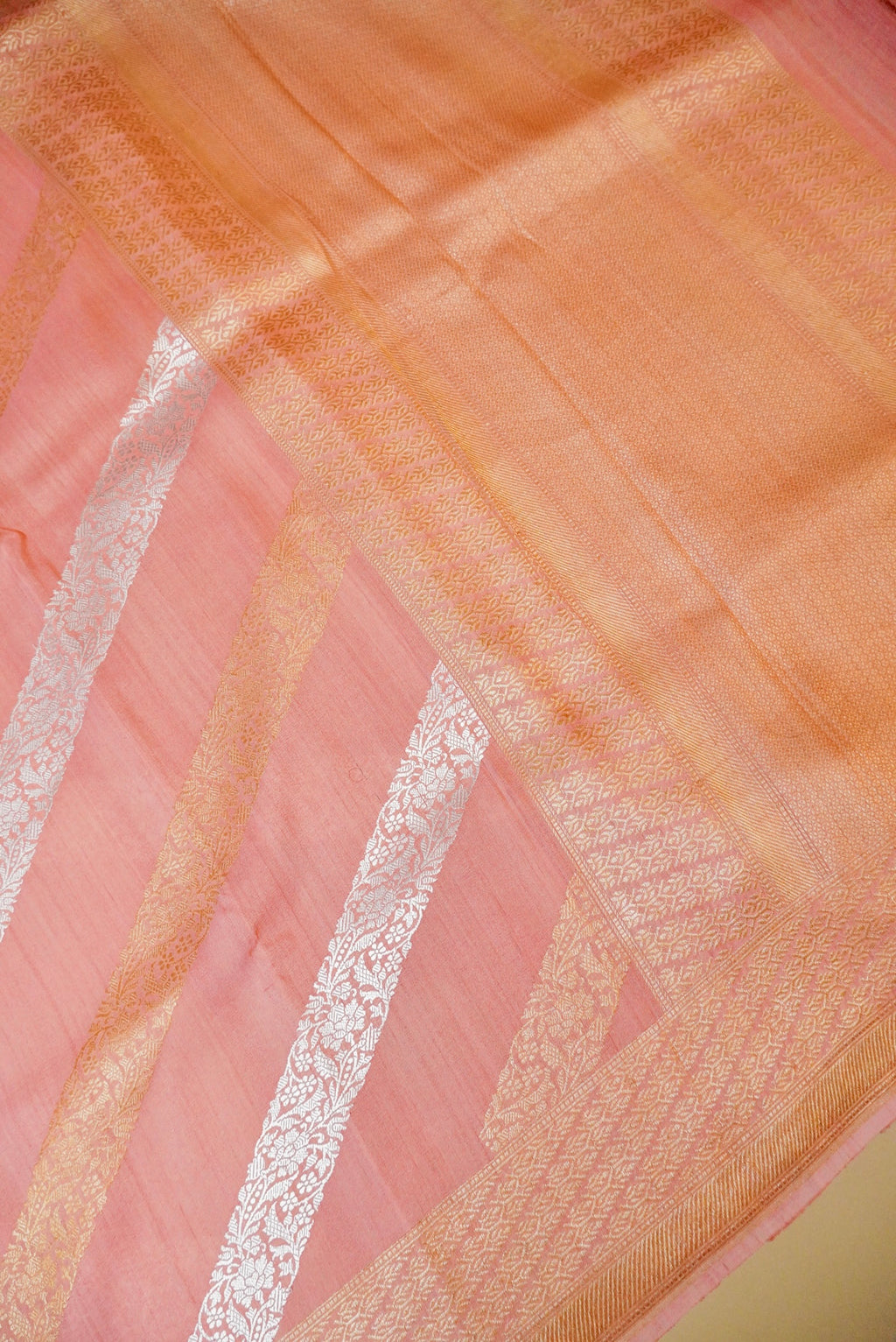 Handwoven Pastel Peach Banarasi Handloom Tussar Silk Saree