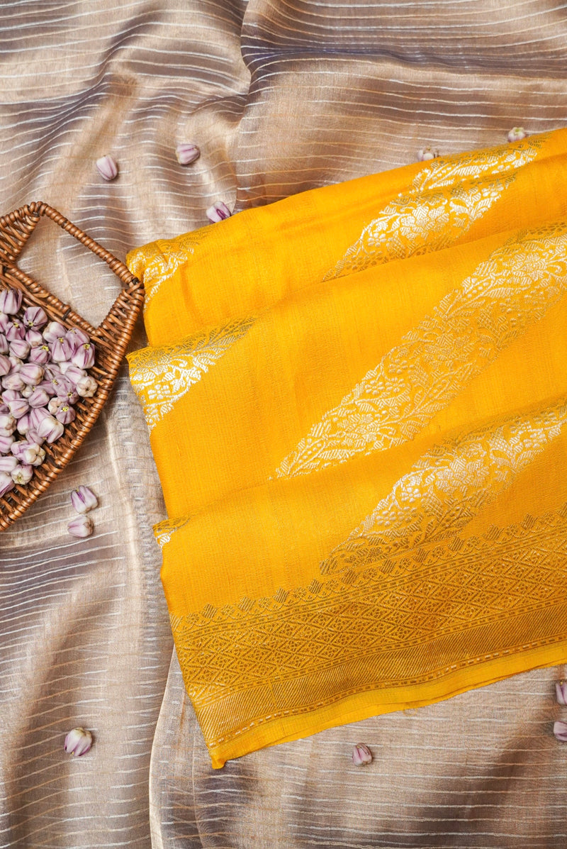 Handwoven Yellow Banarasi Handloom Tussar Silk Saree