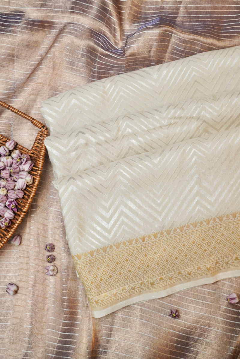 Handwoven Off White Banarasi Handloom Tussar Silk Saree