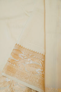 Handwoven White Banarasi Moonga Silk Saree