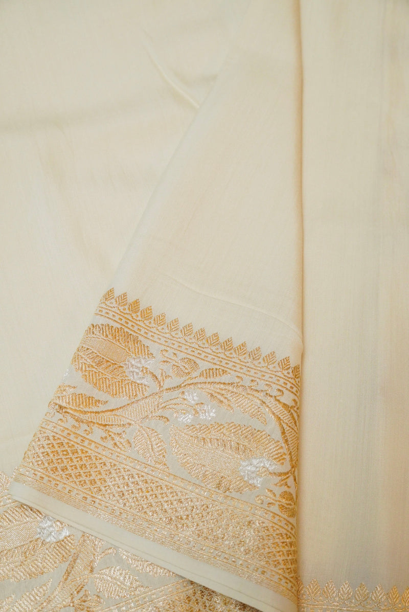 Handwoven White Banarasi Moonga Silk Saree