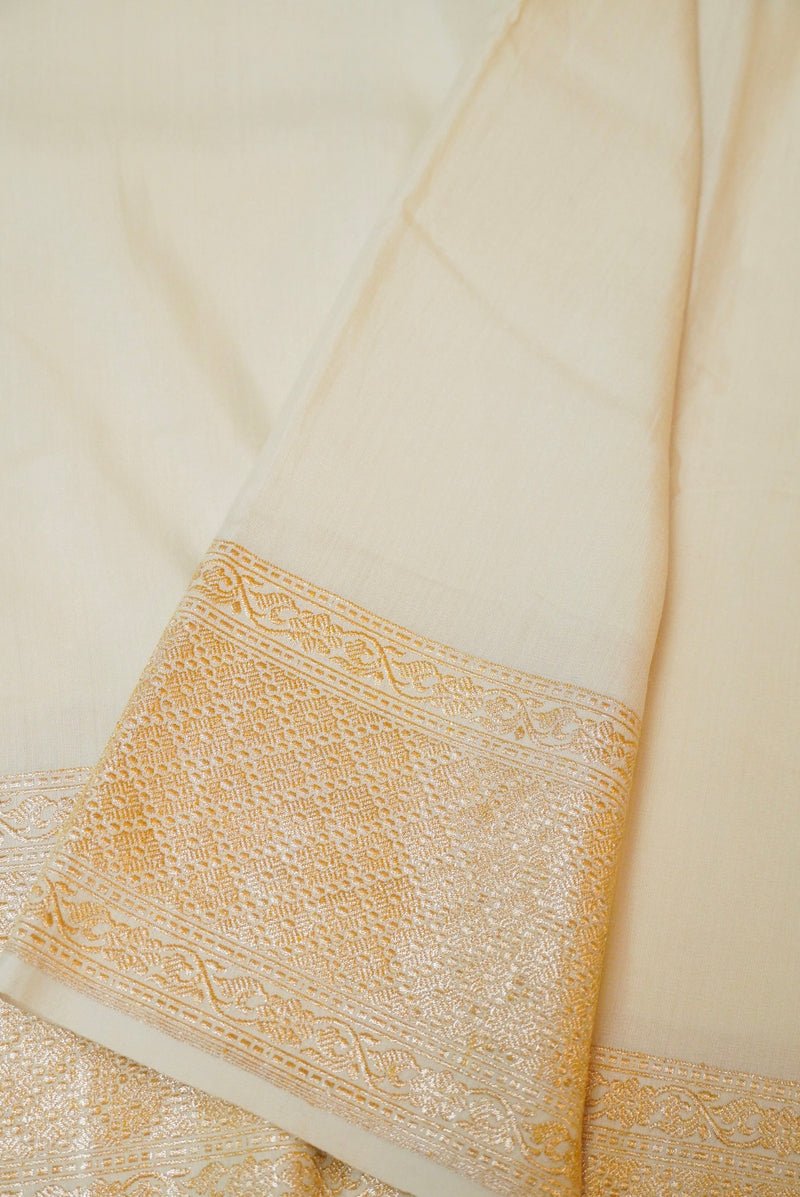 Handwoven White Banarasi Moonga Silk Saree